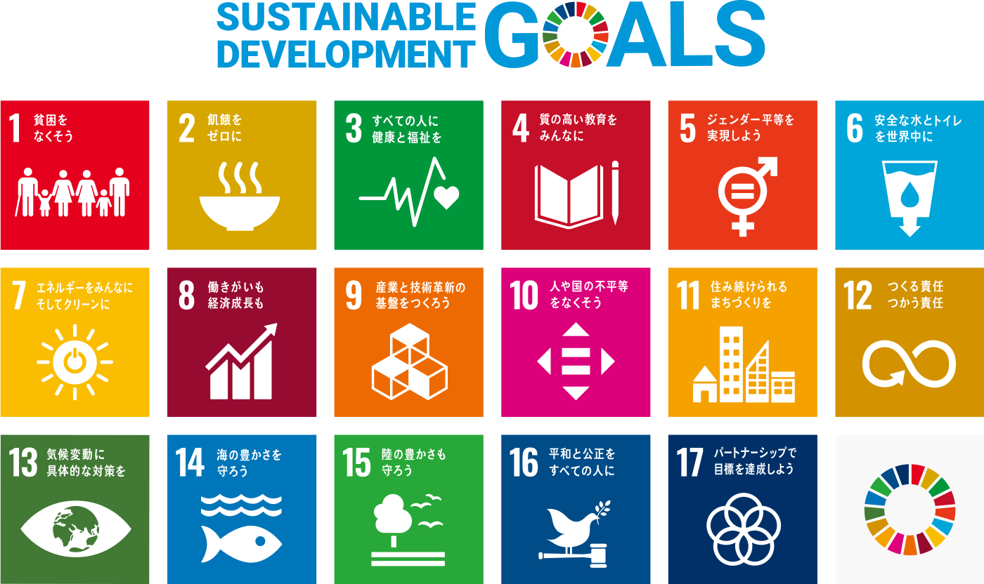 SUSTAINABLE DEVELOPMENT GOALS　1,貧困をなくそう　2,飢餓をゼロに　3,全ての人に健康と福祉を　4,質の高い教育をみんなに　5,ジェンダー平等を実現しよう　6,安全な水とトイレを世界中に　7, エネルギーをみんなにそしてクリーンに　8,働きがいも経済成長も　9,産業と技術革新の基盤を作ろう　10,人や国の不平等をなくそう　11,住み続けられるまちづくりを　12,つくる責任つかう責任　13,気候変動に具体的な対策を　14,海の豊かさを守ろう　15,陸の豊かさも守ろう　16,平和と公正をすべての人に　17,パートナーシップで目標を達成しよう